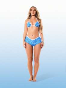 BABYPHAT 女士高腰比基尼短裤，蓝色Logo印花图案，白色滚边，夏季沙滩泳装，性感遮盖 - 藍色 - 查看 3