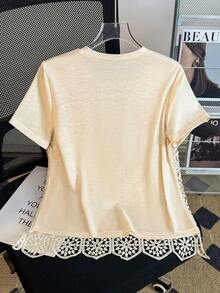 GlowEve 女士宽松休闲钩编圆领短袖T恤 - 杏色 - 查看 2