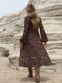 Revavyn French Elegant Ruched Front Design Fashion Leopard Print Long Sleeve Dress With Belt Vacation Outfits Woman Cheetah Print  Fall Cloth For Women - Brown - View 2