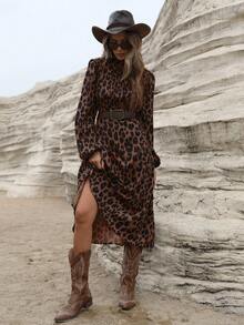 Revavyn French Elegant Ruched Front Design Fashion Leopard Print Long Sleeve Dress With Belt Vacation Outfits Woman Cheetah Print  Fall Cloth For Women - Brown - View 7