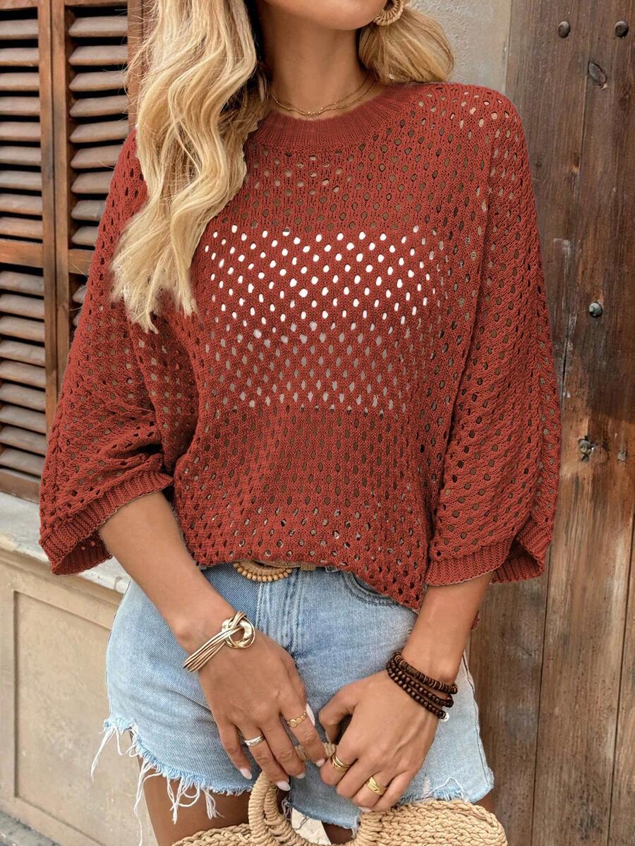 Breezaya 女士休闲宽松圆领蝙蝠袖镂空杏色毛衣，春秋季女士针织上衣，焦橙色上衣，锈棕色上衣，夏季女士毛衣，焦橙色上衣，女士针织衫，女士上衣和衬衫，女士工作衬衫，女士套头衫 - 鏽棕色 - 查看 1