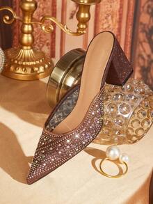 CUCCOO TILAWA Women's Fashionable Party Rhinestone Chunky Heel Pumps - Brown - View 6