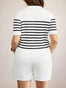 Zelara Plus Size Women's Black And White Striped Polo Shirt,Short Sleeve Knit Top For Summer Vacation Holiday,Traditional Sailor Nautical Yacht Outfit - Black and White - View 2