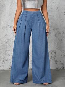 Selenza Quần jeans ống rộng cạp cao dáng rộng, chất liệu wash, cỡ lớn, kiểu dáng thường ngày. - Màu xanh lam - Xem 6