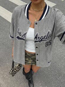 Muchica Letter Striped Print Woven Shirt, Collegiate Style,Summer Clothes Women,Street Wear,Going Out Top - Multicolor - View 1