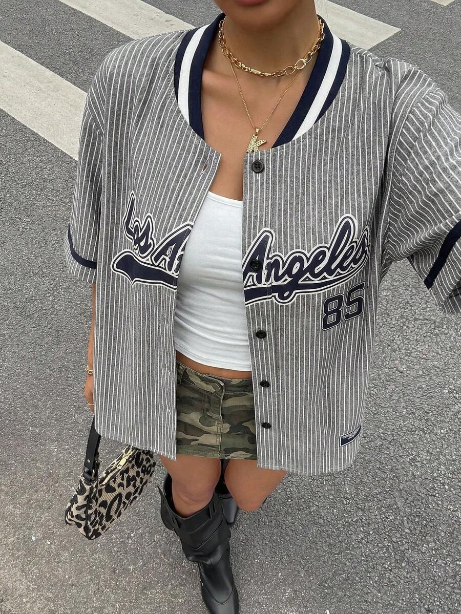 Muchica Letter Striped Print Woven Shirt, Collegiate Style,Summer Clothes Women,Street Wear,Going Out Top - Multicolor - View 1