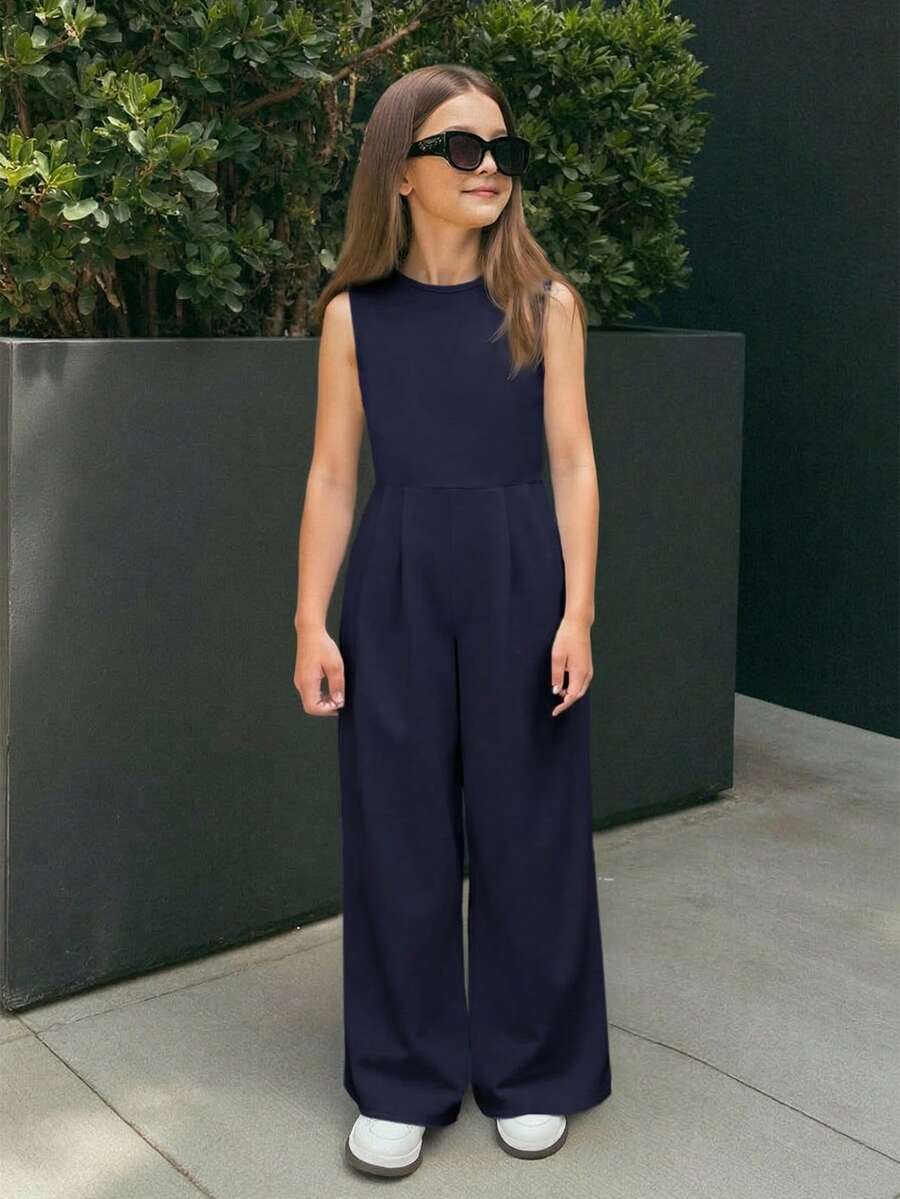 Firerie Kids Firerie Kids 少女纯色圆领休闲日常度假连体裤 - 藏蓝色 - 查看 1