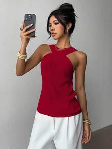 Elenzga Áo len nữ kiểu dáng tối giản, cổ chéo, thiết kế độc đáo, thoải mái, thích hợp cho mùa tựu trường, mùa xuân/thu. - Đỏ - Xem 3