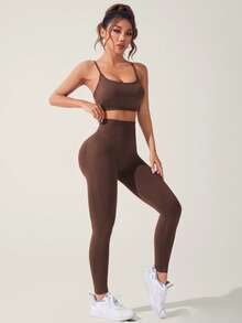 Slayform Set sport pentru femei, culoare solidă, cu bretele spaghete, încrucișate, spate, camisol simplu și pantaloni, set de sală pentru Anul Nou Chinezesc - Maro ciocolata - Vizualizare 3