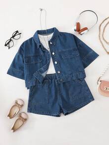 2pcs/Set Tween GirlsY2K Fashionable Loose Fit Cropped Denim Jacket + Wide-Leg Denim Shorts Set, Suitable For Daily Outings, Holidays, School, Commuting, Parties, Home, Festivals - Medium Wash - View 3
