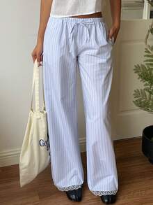 CovetEZ 女士休闲简约睡裤，棉质蓝色条纹蕾丝拼接 - 藍白色 - 查看 4