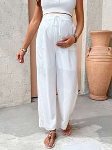 SHEIN Maternity Solid Color Tie-Waist Wide Leg Loose Casual Pants White Wide Leg Pants Women Loose Pants For Women White Beach Pants White Pant White Linen Pants Women - White - View 3