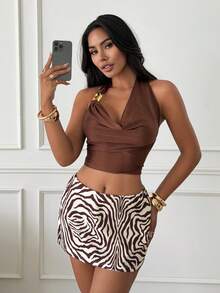 Slaydiva Chân váy ngắn cạp thấp họa tiết bất đối xứng - A - Nhiều màu - Xem 6