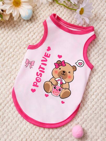 PETSIN 1pc Cute Little Bear Afternoon Tea Bow Love Letter Printed Pet Tank Top Rose Red Patchwork Light Pink Casual Style Soft Breathable Comfortable Pet Clothes