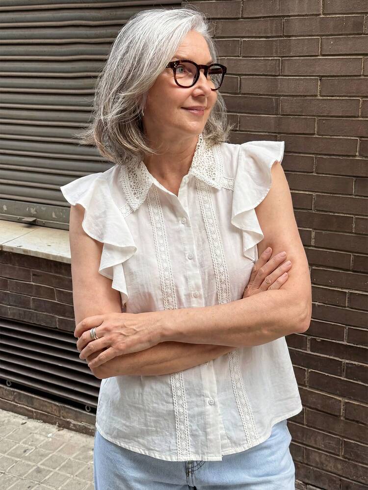 Women's Elegant Solid Color Lace Patchwork Ruffle Hem Blouse, Summer,Wedding Guest Dress Women