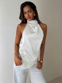 Aloruh Blusa de mujer de unicolor con cuello halter y espalda descubierta, versátil para uso diario - Blanco - Ver 3