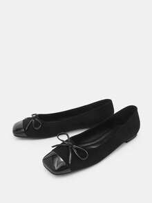 2025新款蝴蝶结方头粗跟平底套脚休闲舒适软底女鞋 - 黑色 - 查看 5