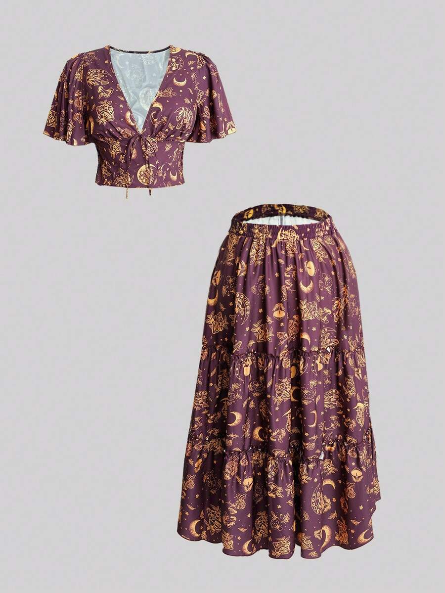 Sweetra 新款春夏秋三季印花荷叶边袖V领系带上衣搭配褶裥长裙两件套 - 彩色 - 查看 1