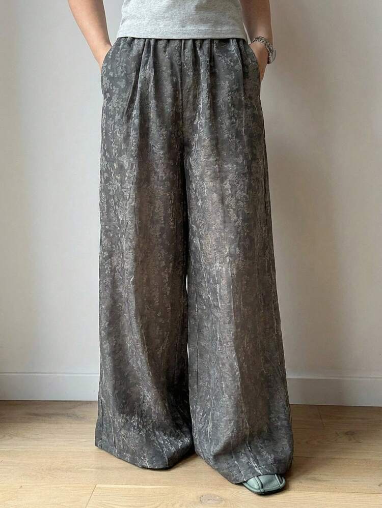 Textured Wide Leg Pants With Beaded Drawstring, Casual Vacation Trousers For Women