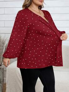 SHEIN CURVE+ Áo sơ mi dài tay cổ chữ V cỡ lớn, in họa tiết hoa toàn thân, kiểu dáng thường ngày. - Màu Đỏ Sâu - Xem 5