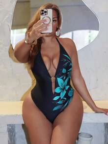 Swim SXY 大码女士新款连体泳衣，优雅数码定位印花，性感深V领，高端金属配饰，可拆卸衬垫胸罩，颈肩带，丁字裤底设计，休闲时尚海滩度假泳装 - 彩色 - 查看 5