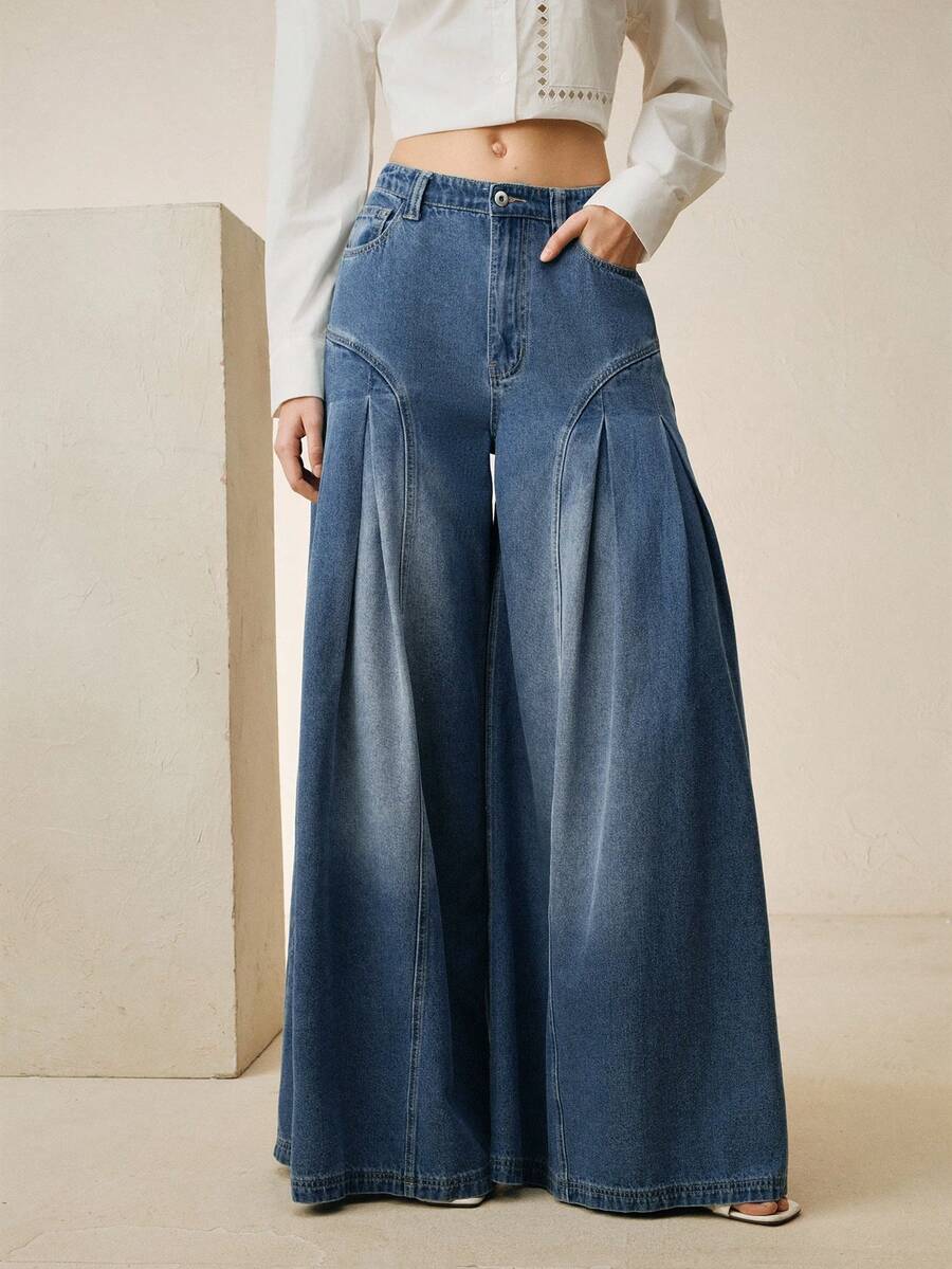 Anewsta Trang phục mùa hè thanh lịch dành cho nữ: Quần jeans ống rộng cạp cao màu xanh vintage, thiết kế độc đáo với đường xẻ tà, phù hợp cho đi làm, mặc hàng ngày và đi chơi. - Màu xanh lam - Xem 1