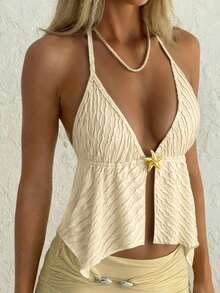 Chiquease 女士夏季度假新款杏色纹理面料海星金属装饰性感露背吊带背心 - 杏色 - 查看 1