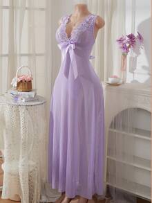 Snug Zone Bộ đồ ngủ gợi cảm 2 mảnh, viền ren, lưới, hở lưng, thắt nơ, kèm quần lọt khe. - Màu tím - Xem 3