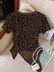 Camiseta ajustada de cuello redondo versátil de ajuste ceñido con estampado de leopardo, nueva llegada primavera/verano para mujer - Multicolor - Ver 2