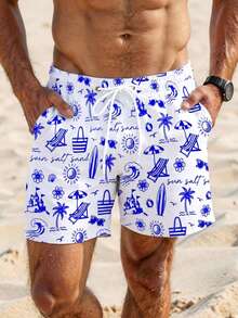 Manfinity Swimmode 男士全印花弹力腰抽绳口袋休闲夏季沙滩裤 - 藍白色 - 查看 4