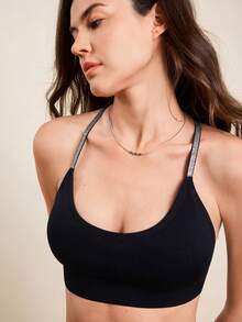 女士无钢圈运动文胸，法式健身瑜伽交叉肩带背心 - 黑色 - 查看 5