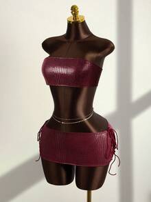 Zestiva Women's Faux Crocodile Texture Side Eyelet Lace-Up Bodycon Skirt - Red - View 3