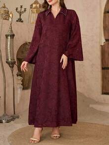 Modelyn Textured Jacquard Fabric Shirt Collar Rhinestone Decor Long Sleeve Loose Elegant Luxury Dress - Burgundy - View 4