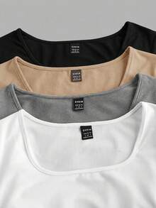 SHEIN EZwear Bộ 4 áo thun nữ tay ngắn cổ tròn màu trơn, kiểu dáng tối giản, thoải mái, thích hợp cho mùa xuân/hè. - Nhiều màu - Xem 11
