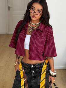 Coolane 女士春夏复古学院风格子宽松露脐上衣红色衬衫，适合新年穿着 - 酒紅色 - 查看 3