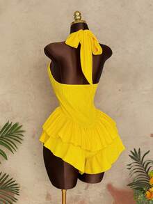 Sunspun Sexy Deep V Neck Backless Layered Ruffle Hem Jumpsuit, Yellow Jumpsuit, Elegant Party Jumpsuit, Summer Jumpsuit, Summer Holiday Outfit, Women's Beach Wear, Vacation Jumpsuit, Women's Casual Jumpsuit, Body-Con Tight Jumpsuit - Yellow - View 2