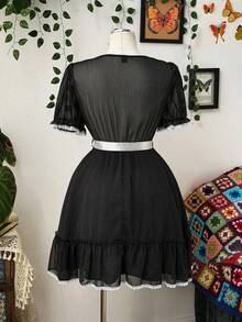 Plus Size Summer Black Short Sleeve Cinched Waist Contrast Ruffle Vintage Elegant Bow Tie Dress - Black - View 2