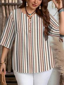 EMERY ROSE Áo sơ mi nữ cỡ lớn, kiểu dáng tối giản, kẻ sọc, cổ chữ V, thích hợp cho mùa hè. Áo kiểu nữ, áo blouse nữ thường ngày, áo nữ hiện đại, áo kiểu mới nhất cho mùa hè. - Nhiều màu - Xem 5