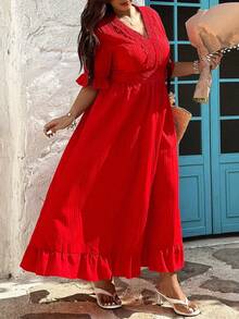 Ceyna Plus Size Lace Patchwork V-Neck Ruffle Hem A-Line Dress, Suitable For Beach Resort Wear, Wedding Season, Spring And Summer - Red - View 7