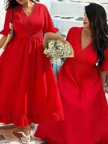 Ceyna Plus Size Lace Patchwork V-Neck Ruffle Hem A-Line Dress, Suitable For Beach Resort Wear, Wedding Season, Spring And Summer - Red - View 8