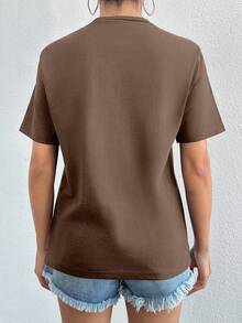 SHEIN Cottnline 100%纯棉花卉刺绣圆领T恤 - 棕色 - 查看 2