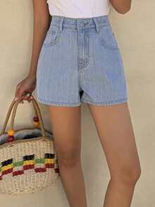 Livesso Damen Strukturierte Lässig Urlaubs Baumwoll Denim-Shorts, Blaue Jorts für den Sommer - Blau - Übersicht 3