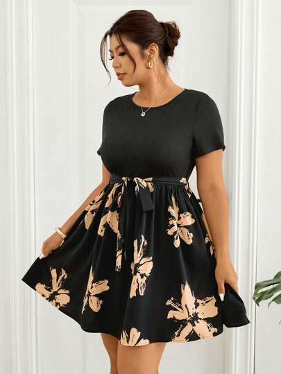 Lounesse Vestido midi casual con cuello redondo, cintura con lazo y estampado floral para mujer de talla grande