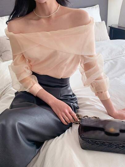 DAZY 女士露肩修身透视网纱上衣