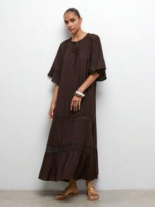 Maija Chocolate Brown Dress With Bell Sleeves, Lace Patchwork A-Line Silhouette, Casual Vacation Beach Wear Graduation Spring Summer Beach Outfits - Brown - View 7