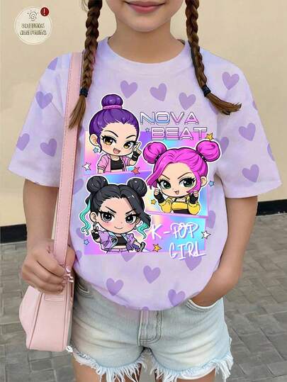 Sparklyn 1 pieza Camiseta estampada de estilo KPOP con diseño de personaje de dibujos animados colorido con corazón morado para niña preadolescente, manga corta, patrón de corazón morado todo sobre, ropa de moda para niñas, a juego con hermanas, adecuada para vacaciones, fiestas y uso diario, regalo para el Día de San Valentín y Navidad