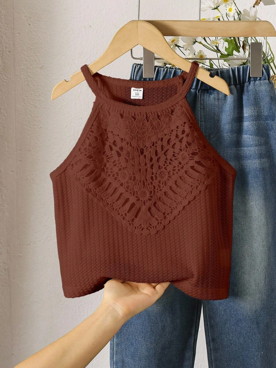 Áo croptop ren móc cổ yếm mùa hè dành cho bé gái, thích hợp đi biển hoặc vùng quê. - Cà phê nâu - Xem 1
