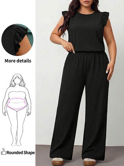 Enliva Khaki Cap Sleeve Elastic Waist Wide Leg Pants 2 Pieces Set, Elegant Everyday Outfit, Spring & Summer, Plus Size Women,Business Casual Woman, For Apple And Rounded Body Shape