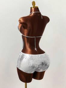 Mistrie 女士音乐节链条水钻金属性感露背背心 - 銀色 - 查看 2