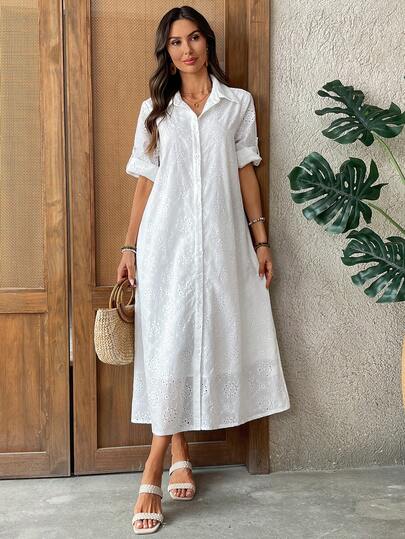 EMERY ROSE فستان كاجوال متوسط الطول للنساء مطرز مع أزرار أحادية الصدر، مناسب للارتداء اليومي والعطلات